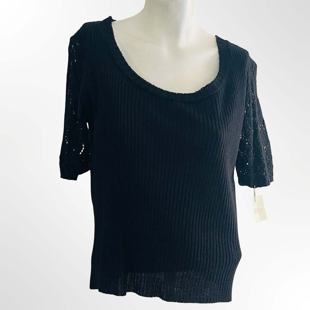 Vintage Black Ribbed Scoop Neck Sweater Top with Crochet Lace Sleeves Size M